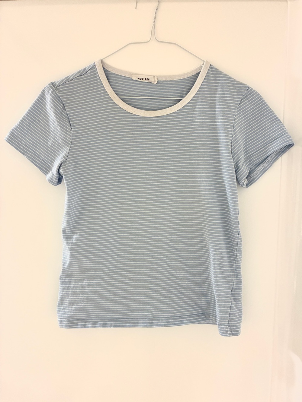 Mod Ref 100% Cotton Light Blue and White Striped Ringer Baby Tee T-shirt Top Y2K